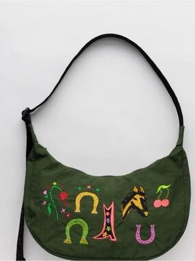 BAGGU x Jessica Williams Olive Green Embroidered Horse & Horseshoe Crossbody Bag
